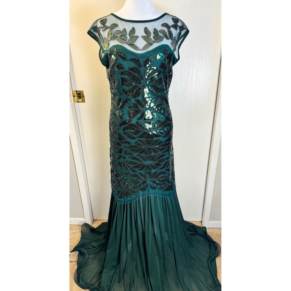 Emerald Green Sequin Beaded Illusion Gown Mermaid‎ Formal Maxi Dress Cap Sleeve